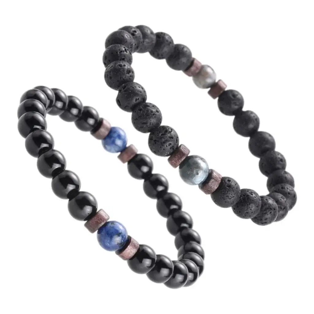 Pulseira natural de contas Moonstone para homens, pedra de lava, conexão ajustável, azul, pacote 3-4