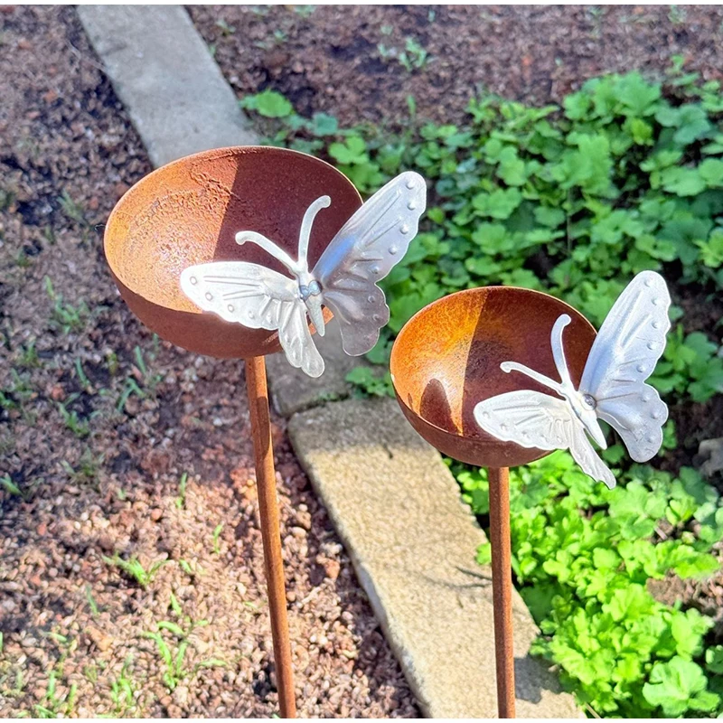 Bowl Metal Bird Bath Rusted Vintage Iron Garden Rain Catcher Garden Stake Decorative Bird Water Dispenser Courtyard Decor Stakes