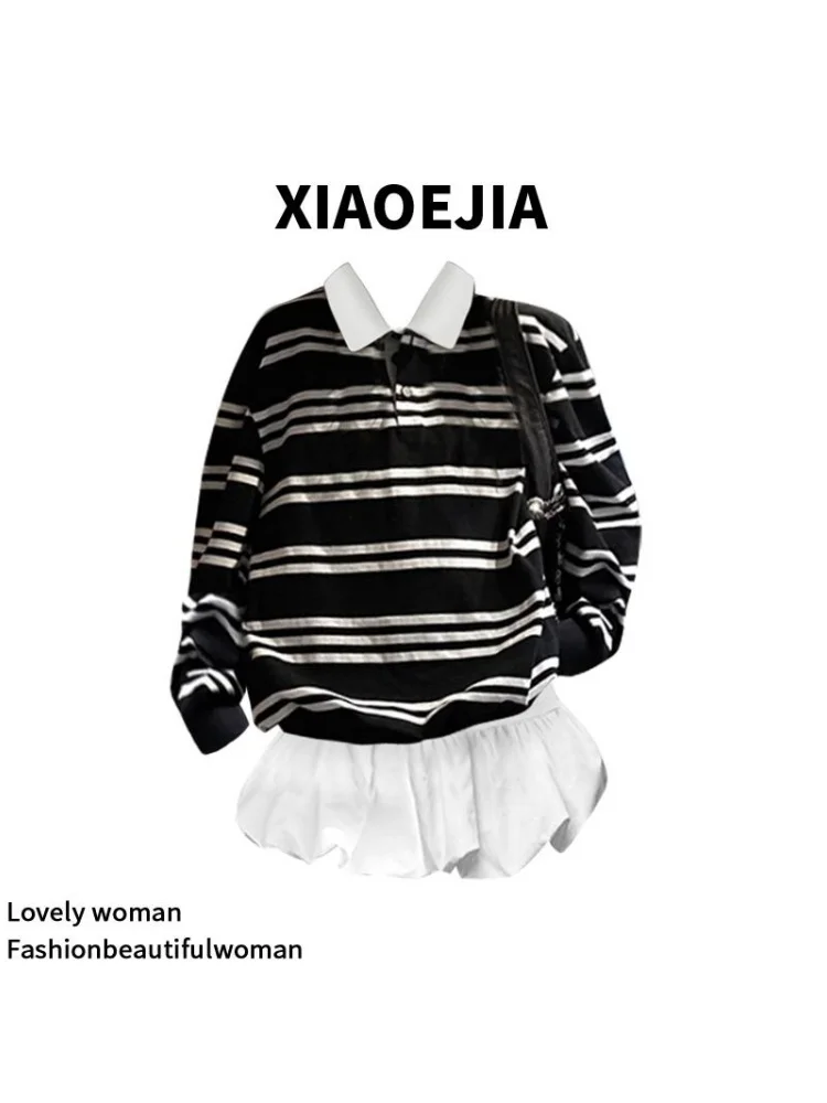 

Korean Sle Women's Cheered irt And Skirt Set Casual Wear Collar Long Sve Mid-Thi High Waist Autumn Spring Summer