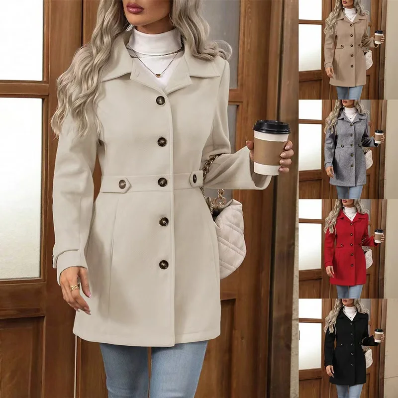 Autumn Winter New Mid-Length Elegant Woolen Coat Button Stand Collar Slim Fit Tweed Durable Fashionable Outerwear
