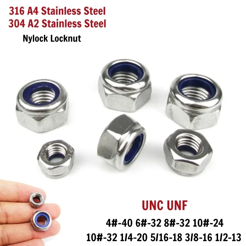 304 316 Stainless Steel Nylon Insert Lock Nut UNC UNF 4# 6# 8# 10# 1/4 5/16 3/8 1/2 Self Locking Anti Loose Hex Nylock Locknut