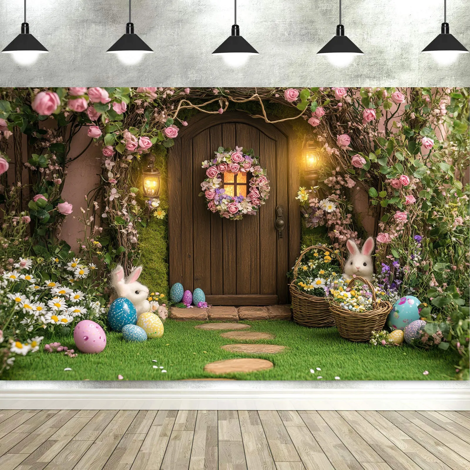 Spring Photography Backdrop Easter Eggs Flower Bunny Garden Colorful Rabbit Kids Birthday Party Decor Photo Background Props