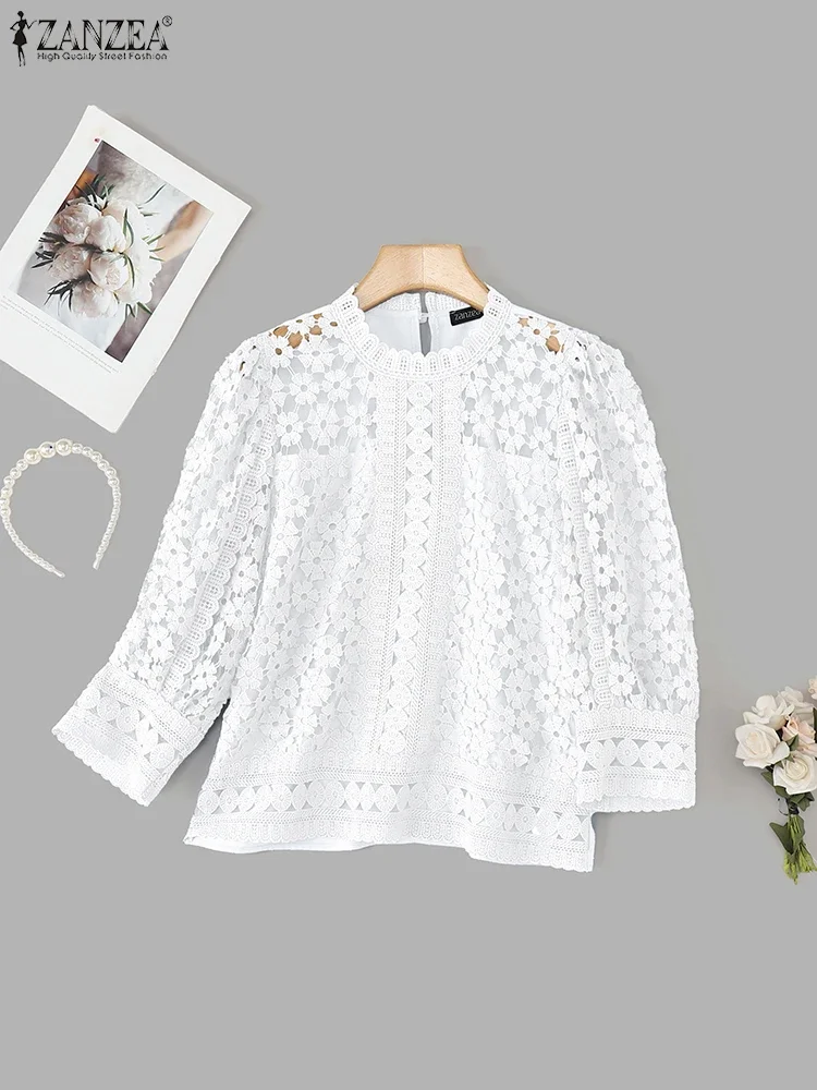 Femmes élégantes dentelle Blouse ZANZEA 3/4 manches bouffantes couleur unie tunique hauts 2025 automne col rond transparent décontracté bureau dame chemises