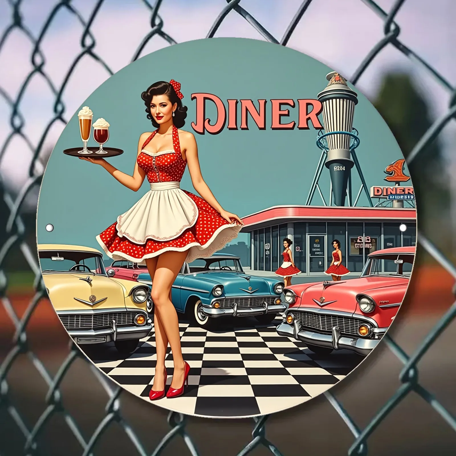 Placa de Metal Decorativa 2D Plana, Estilo Vintage Diner Anos 50 - Garçonete Retrô dos Anos 50 e Clássico (para Bel Air) com Cena de Balcão de Milkshake