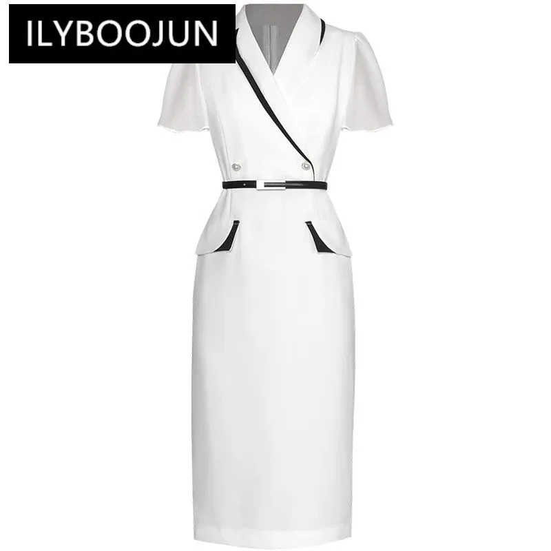 

ILYBOOJUN Black/White Fashion Summer Woman's dress Short sleeved Lace up Commuting Elegant Package hip Dresses