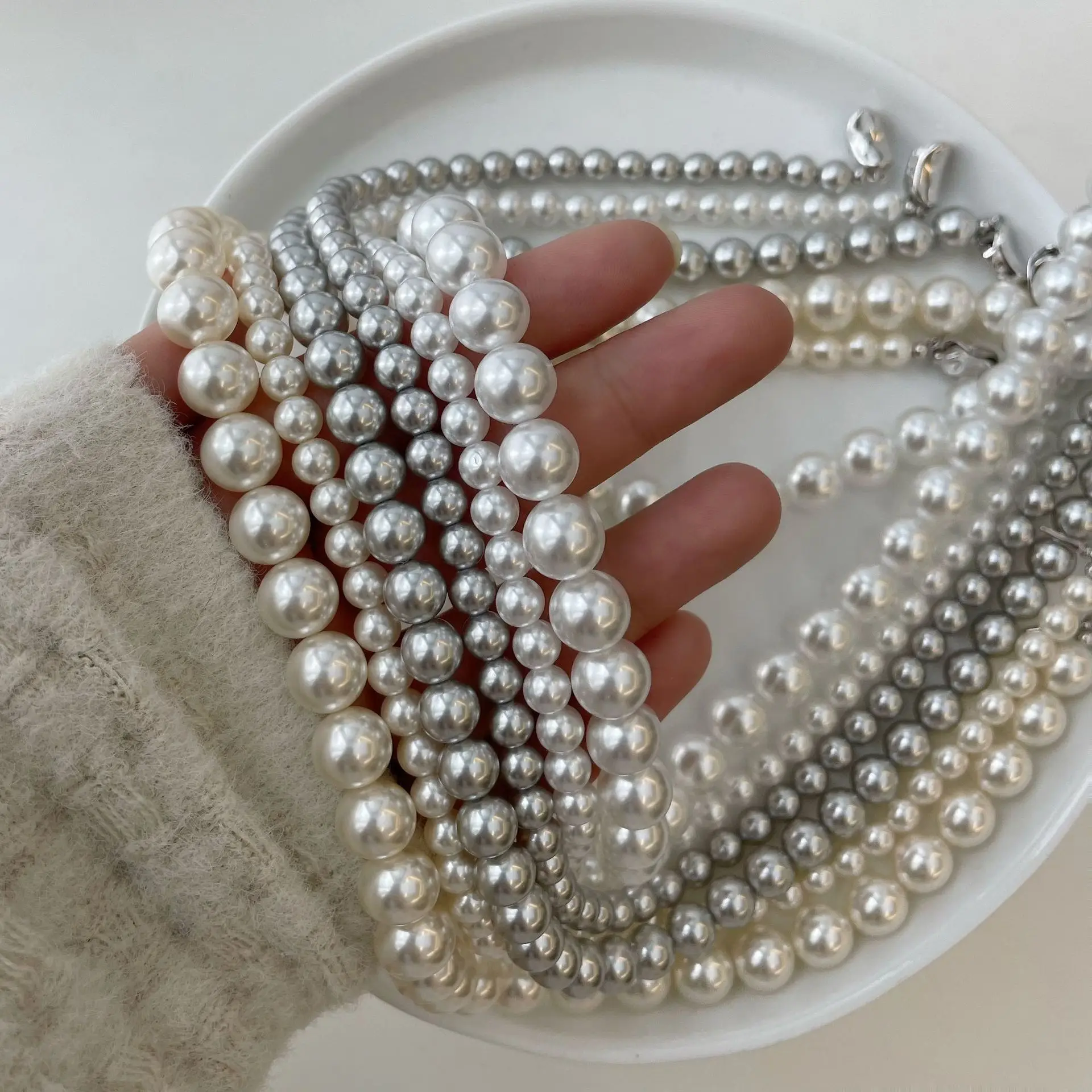 

S925 pure silver gold ingot buckle pearl necklace, so many linen ins layered retro round strong light high-end feeling