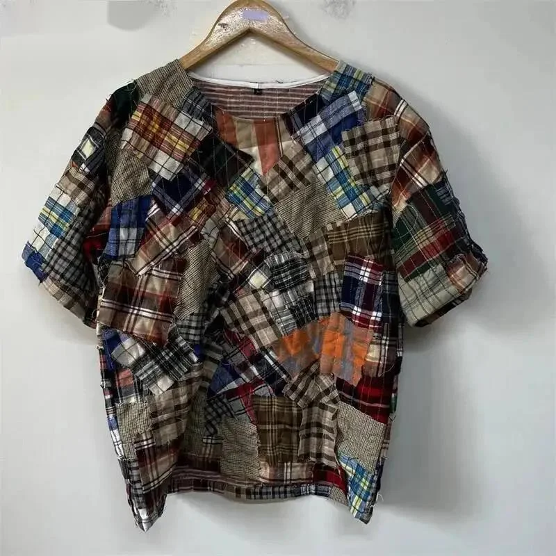 Crew Neck Multi Plaid Patchwork Raw Edge Deconstructed Tee Mens Niche Vintage Grunge Street Short Sleeve Casual Top CCZ2
