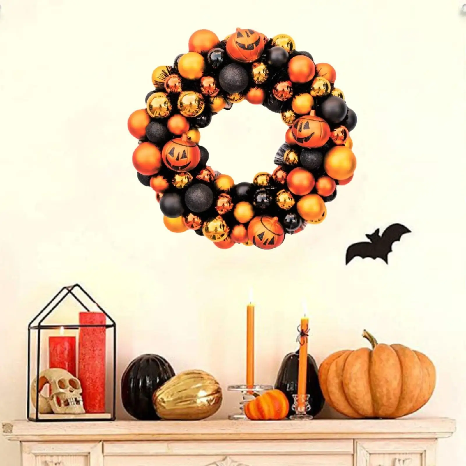 Pumpkin Halloween Wreath Round Artificial Wreath Garland Front Door Wreath Halloween Decor for Outside Party Festival Wall Porch