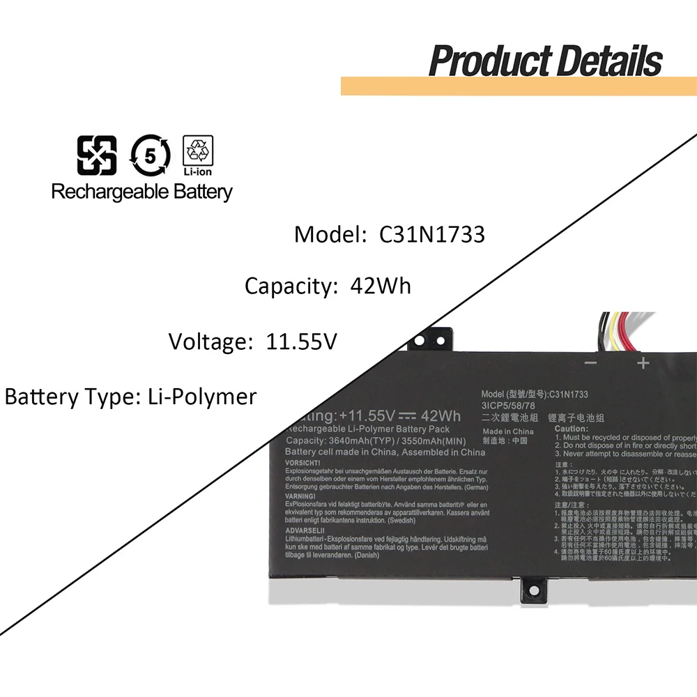 Imagem -02 - Bateria do Portátil Substituição para Asus Vivobook C31n1733 Flip 14 Tp412u Tp412ua Tp412fa Tp412ua-ih31t Tp412ua-ec059t Tp412fa-ec551t