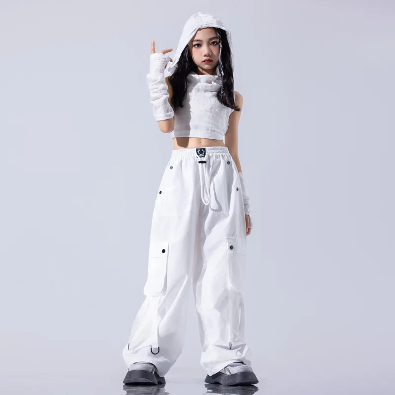 Kid Hip Hop Clothing White Distressed Hoodie Crop Tank Top Sleeves Casual Strap Cargo Pants for Girls Jazz Dance Costume Clothes