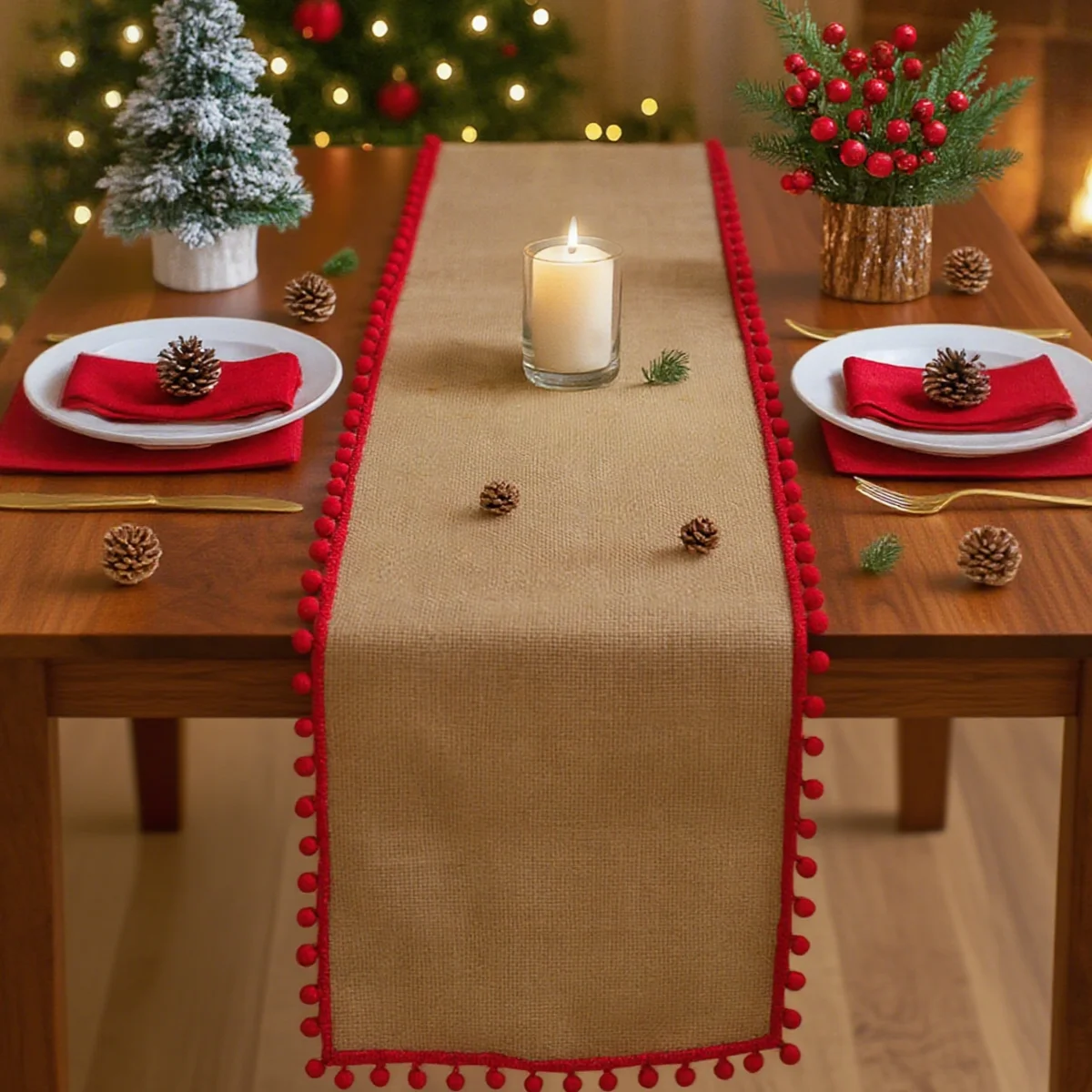 Christmas Linen Table Runner with Christmas Ball Tassel Merry Christmas Decoration for Home 2025 Navidad Noel Ornament New Year