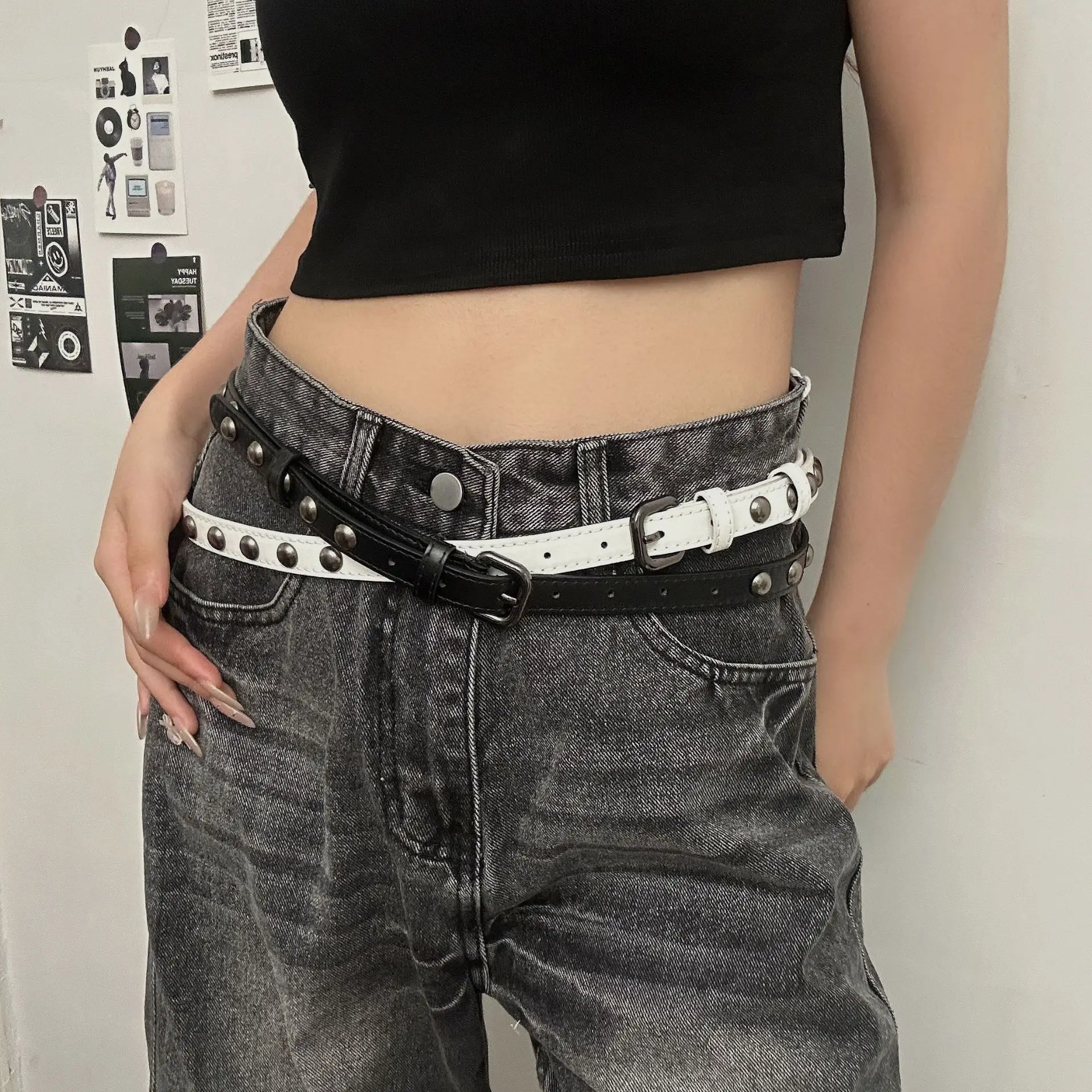 

Темно-готический металлический ремень с заклепками — черный/белый унисекс с двойной петлей в стиле панк, аксессуар в уличном стиле, острая поясная цепочка для джинсов