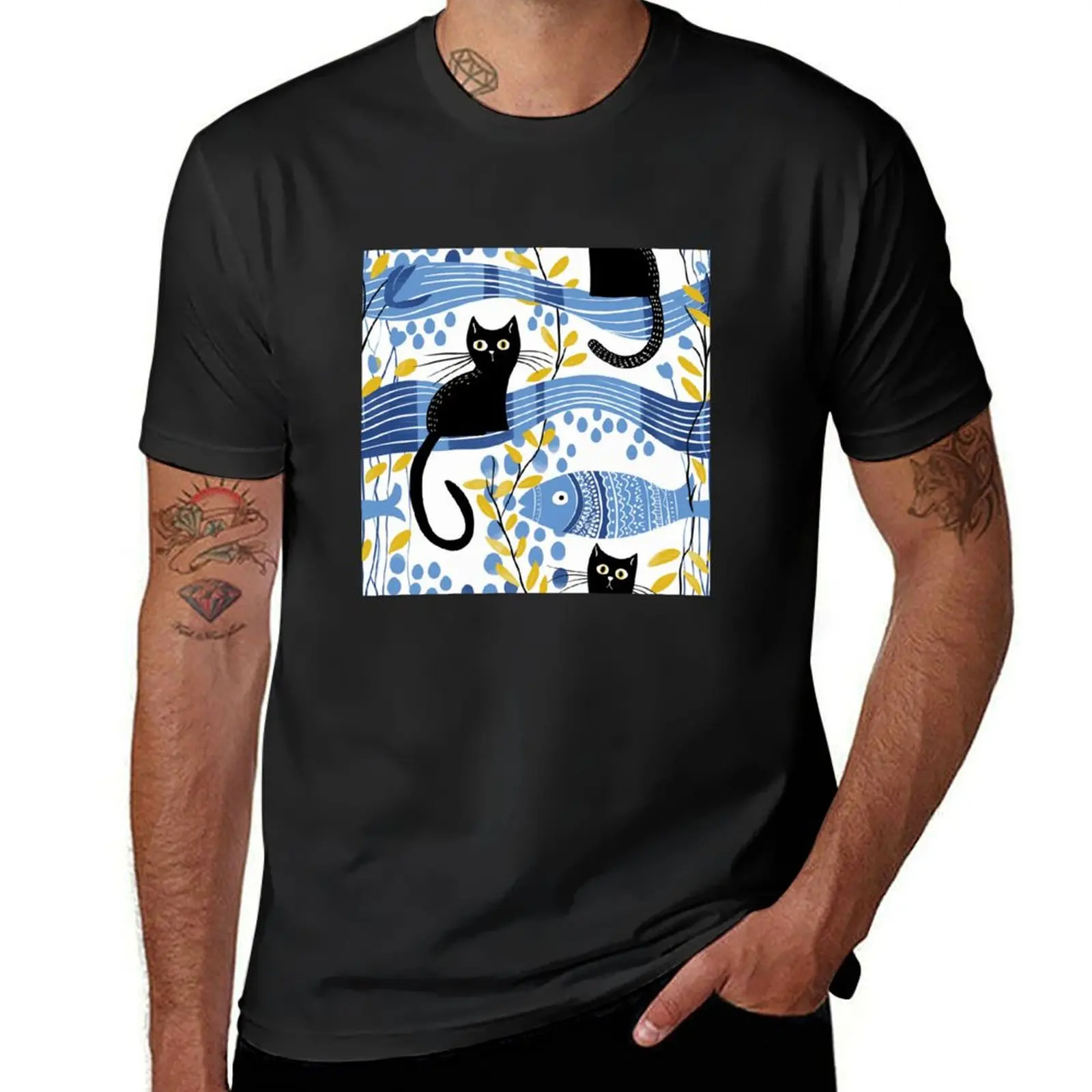 Cat and fish Pattern, animal Pattern, black cat pattern, fish, water, wave, T-Shirt sublime mens t shirt graphic