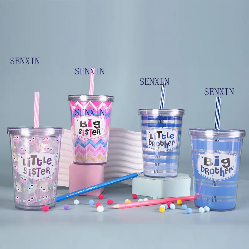 

Double-layer Plastic Straw Cup Children's Straw Cup Double-layer Insulated Plastic Cup Cute Portable Straw Cup 10oz