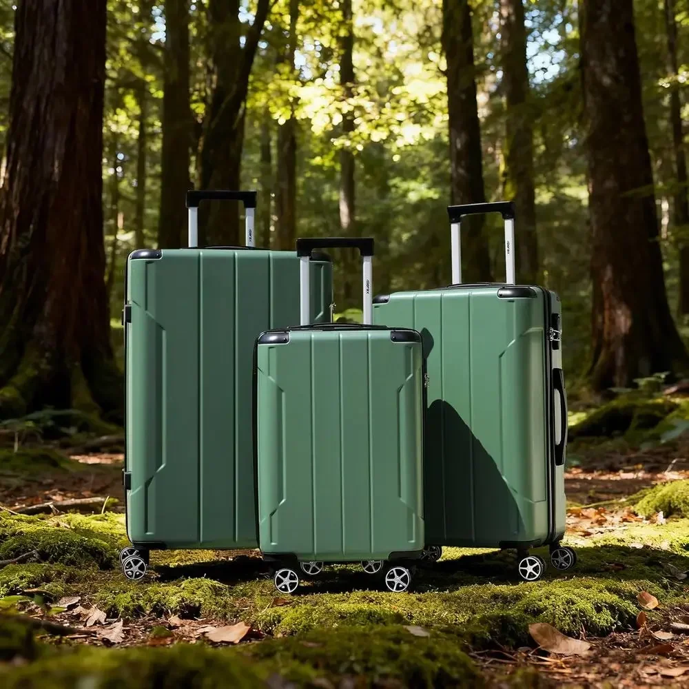 3-Piece Lightweight Hardshell Spinner Luggage Set with Guards (Green, 20/24/28 inches)