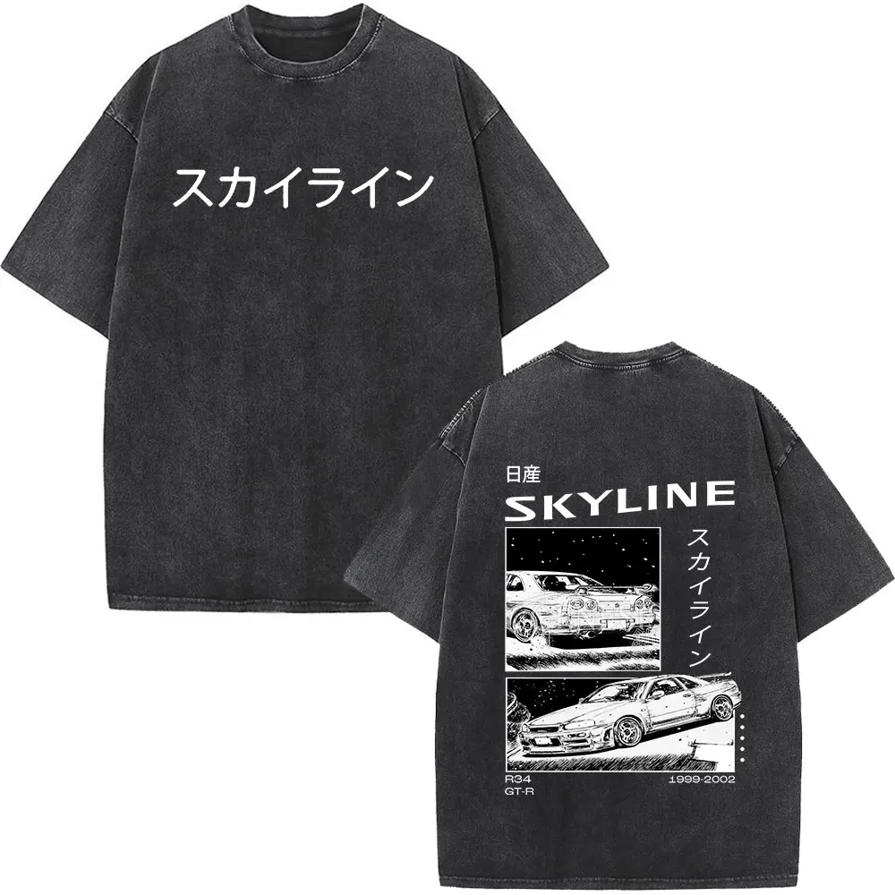 Men Women Vintage Washed T-shirt Anime Drift AE86 Initial O-Neck Short Sleeve Casual T Shirt R34 Skyline GTR JDM Manga T-Shirts