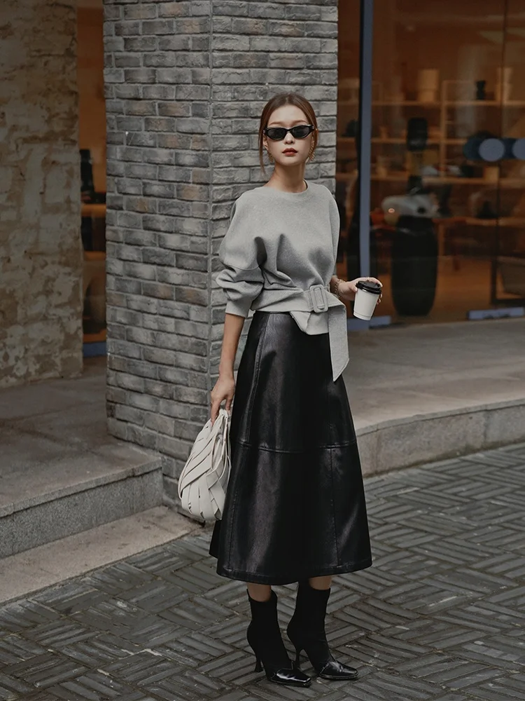 Chic Black A-Line Midi Skirt High Waist Umbrella Skirt Knee-Length Women's Spring Autumn Polyester Spandex Blend Commute Style