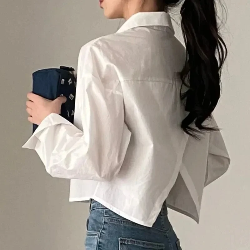 White Shirts Women Korean Style Buttons Folds Slim Fit Crop Tops Female All-Match Daily Design Office Long Sleeve Blouses