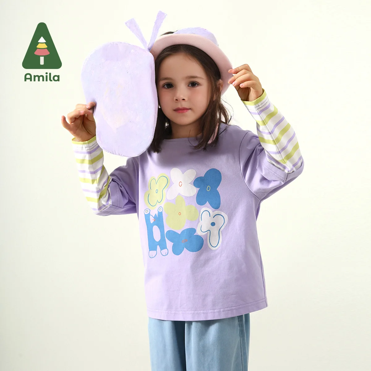 Amila Baby T-Shirt 2025 Spring New Solid Color Cotton Splicing Cartoon Pattern Stripes Breathable Soft Casual Children's Top