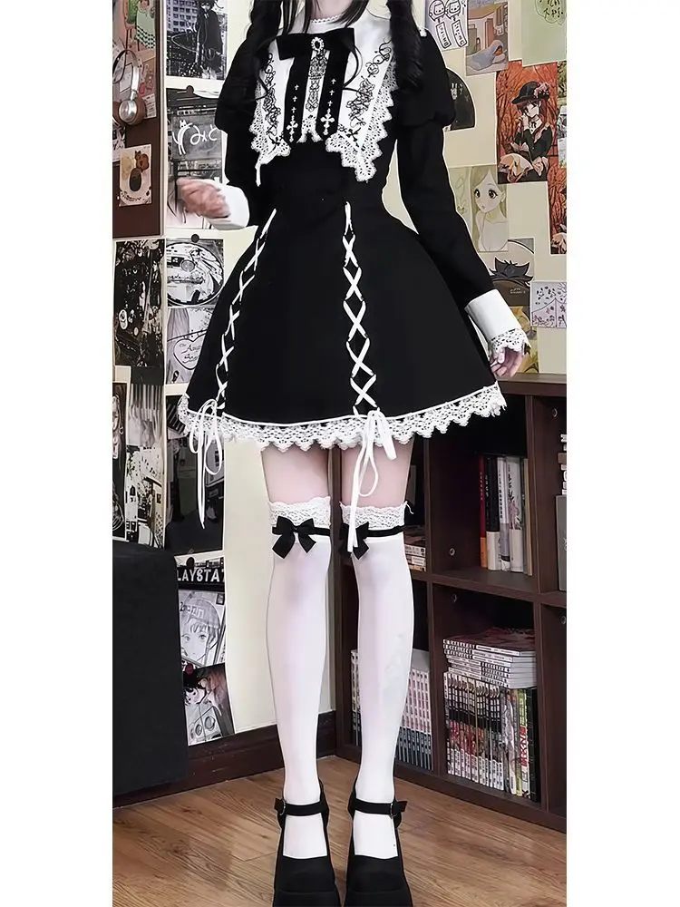 블랙 윈터 로리타 드레스 세트 따뜻한 케이프와 스퀘어 넥 드레스 허리 슬림 고딕 스위트 로리타 의상 우아한 클래식 스타일 세트