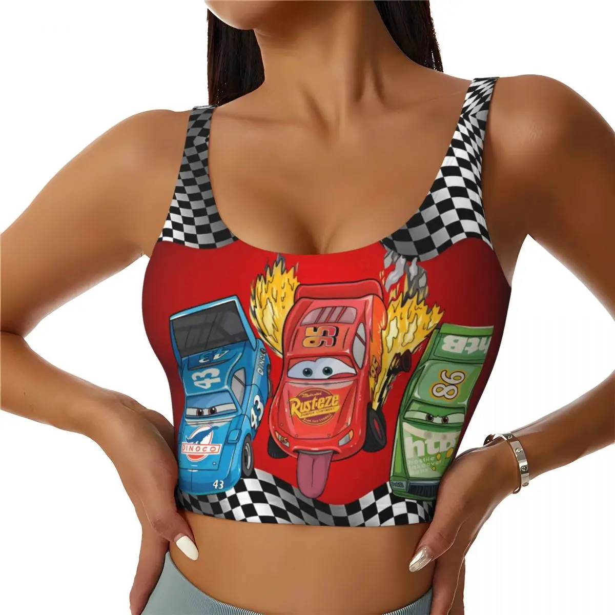 

Изготовленные на заказ укороченные топы на бретелях для тренировок Lightning McQueen для женщин, спортивные бюстгальтеры для занятий йогой и гоночным автомобилем