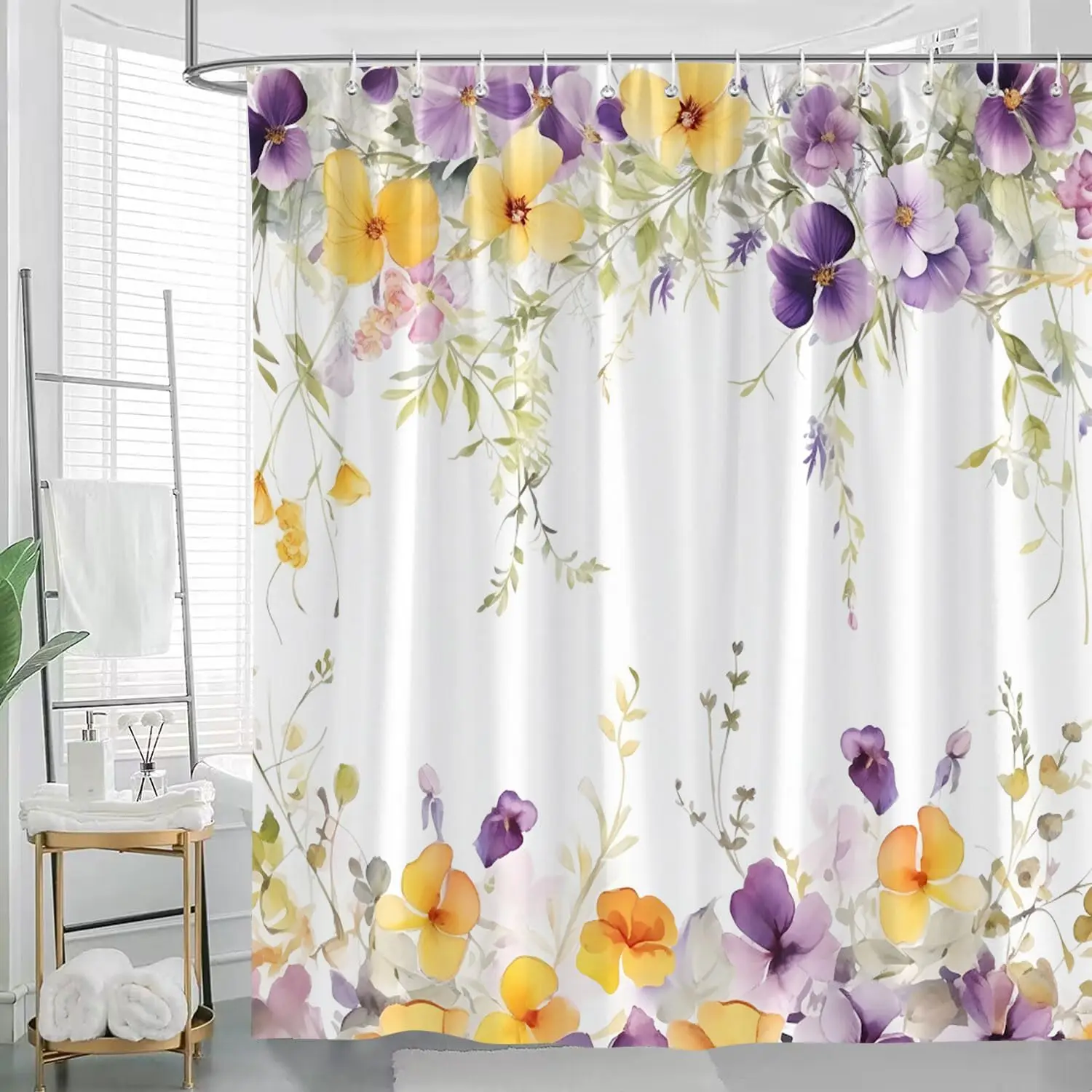 Spring Rustic Floral Shower Curtain Farm Watercolor Yellow Purple Flower Leaves Rustic Farmhous Wildflower Watercolor Blossom