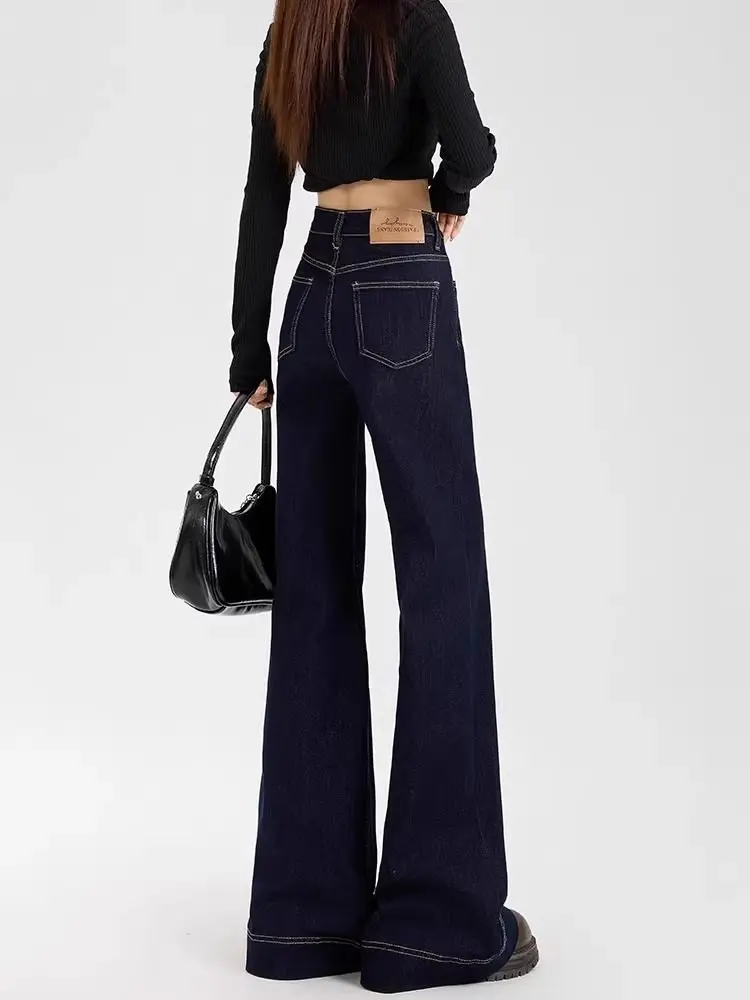 

Deep Blue American Straight Leg Bell Bot Jeans Women's Spring New Loose High Waist Slimming Floor Length Pants
