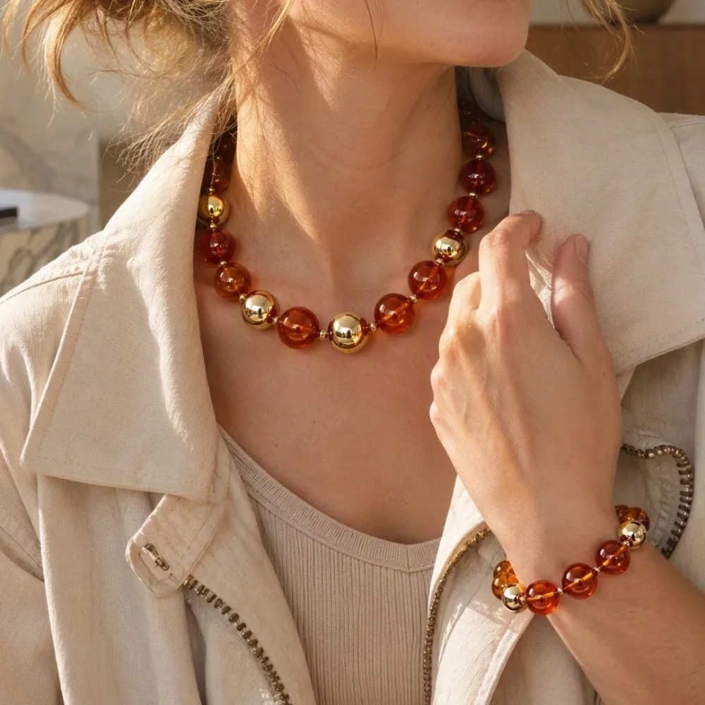 Fashion Luxury Amber Tone Round Bead Mixed Bold Necklace Bracelets for Women Countryside Getaway Casual Gathering Jewelry Sets