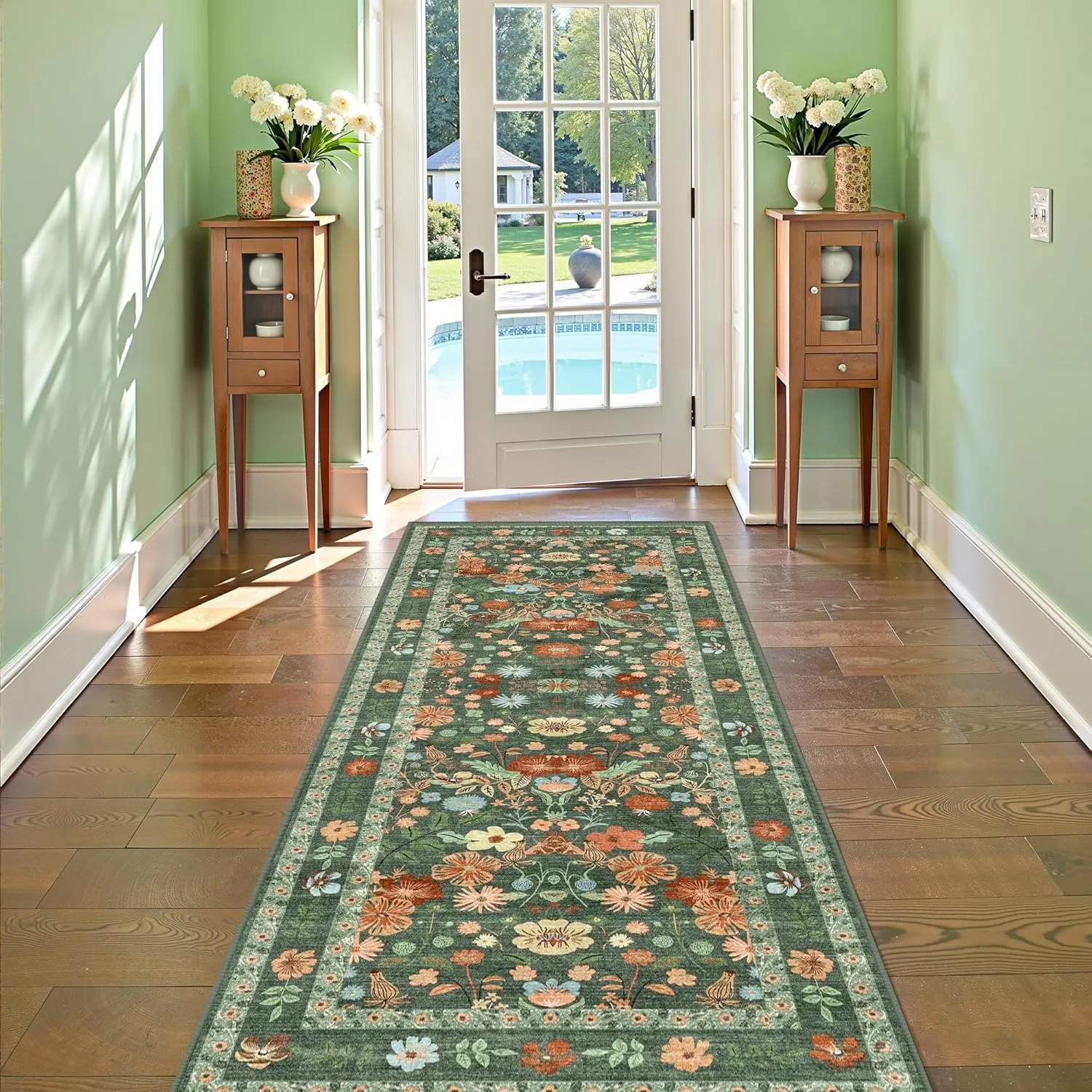 

Floral Hallway Runner Rug Soft Flower Botanical Long Carpet Bedroom Non-Slip Floor Mat Machine Washable Kitchen Home Decoration