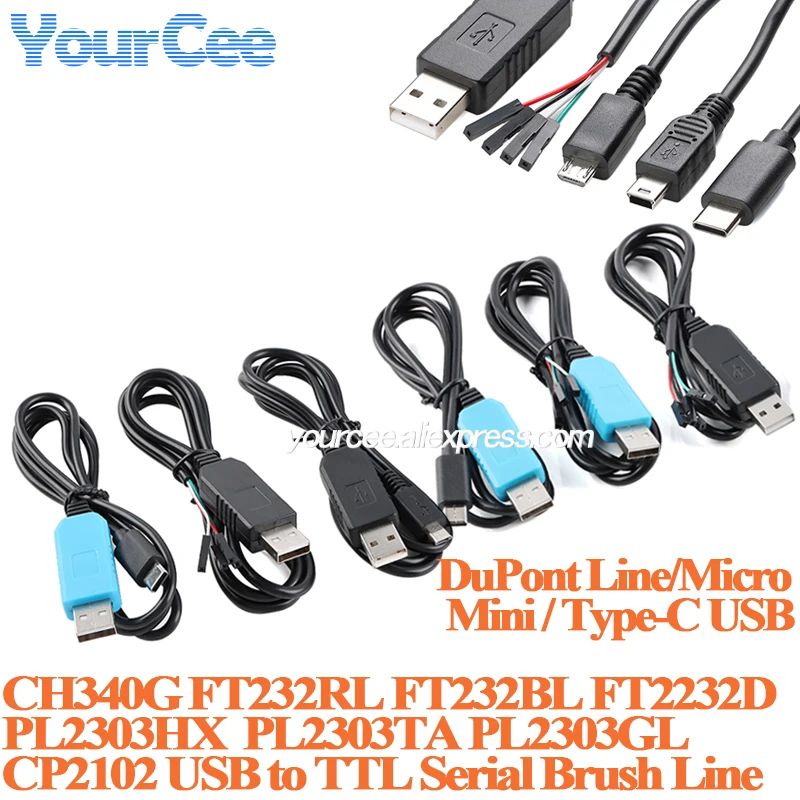 USB to TTL Serial Port/RS232 Download Cable CH340G FT232RL FT2232D PL2303TA CP2102 PL2303GL Brush Line Wire with Shell