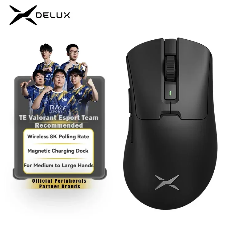 Delux M900PRO Mouse da gioco wireless ergonomico 8K velocità di polling PAW3395 Dock di ricarica RGB magnetico da 63 g per PC Gamer con mano grande destra