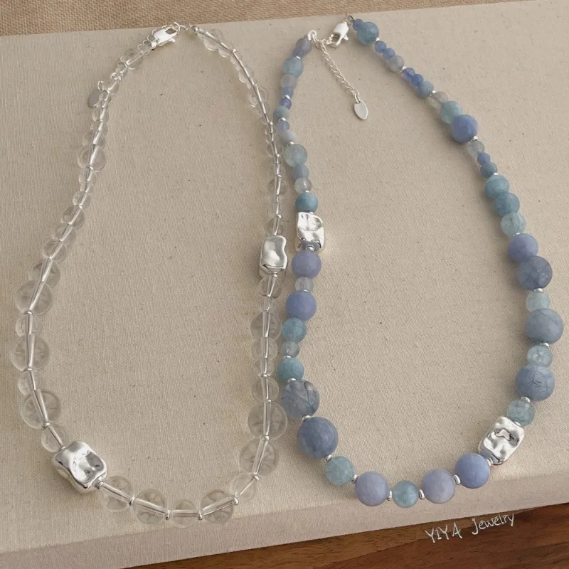

Minar Delicate Irregular Metal Round Blue Transparent Natural Stone Beaded Necklace for Women Silver Plated Chain Strand Chokers