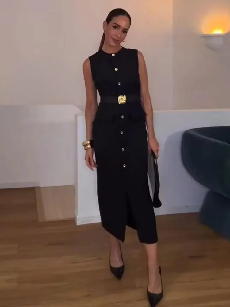 HH Women Elegant Black Dress O Neck Single Breasted Sleeveless Dresses With Belt Summer Casual Office Lady Dress Vestidos
