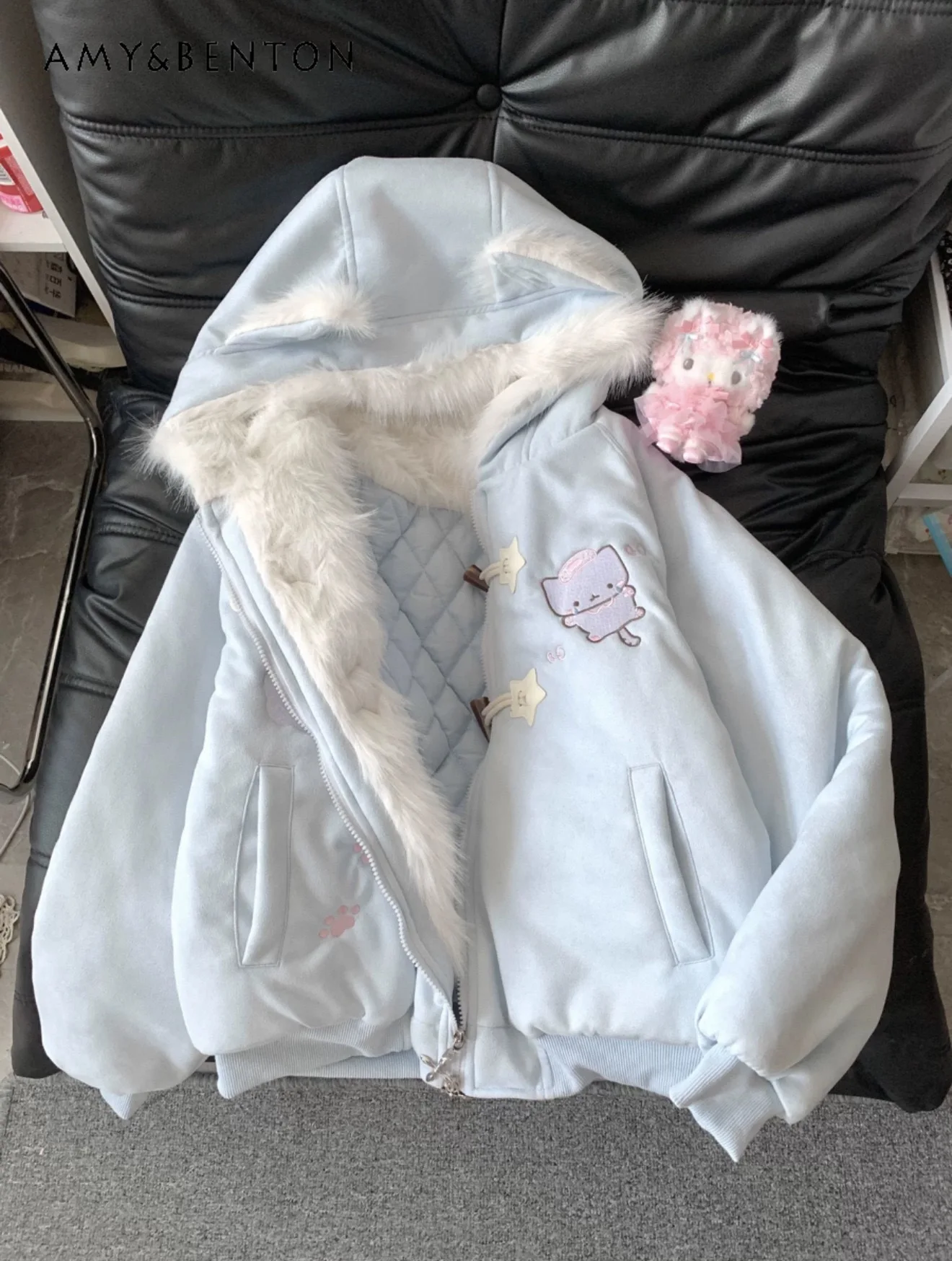 

Autumn Winter New Japanese Style Soft Girl Cute Cat Embroidery Thickened Pink Cotton Jacket Women Warm Loose Casual Blue Coat