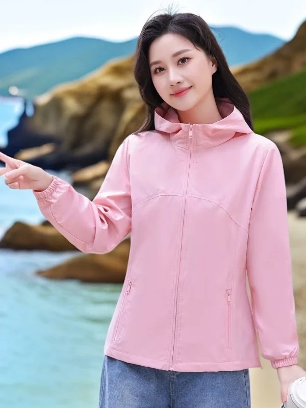 Slim Fit Short Hooded Waterproof Women's Jacket Spring Autumn Windproof Fashionable Thin Zipper Cardigan Polyester Fiber
