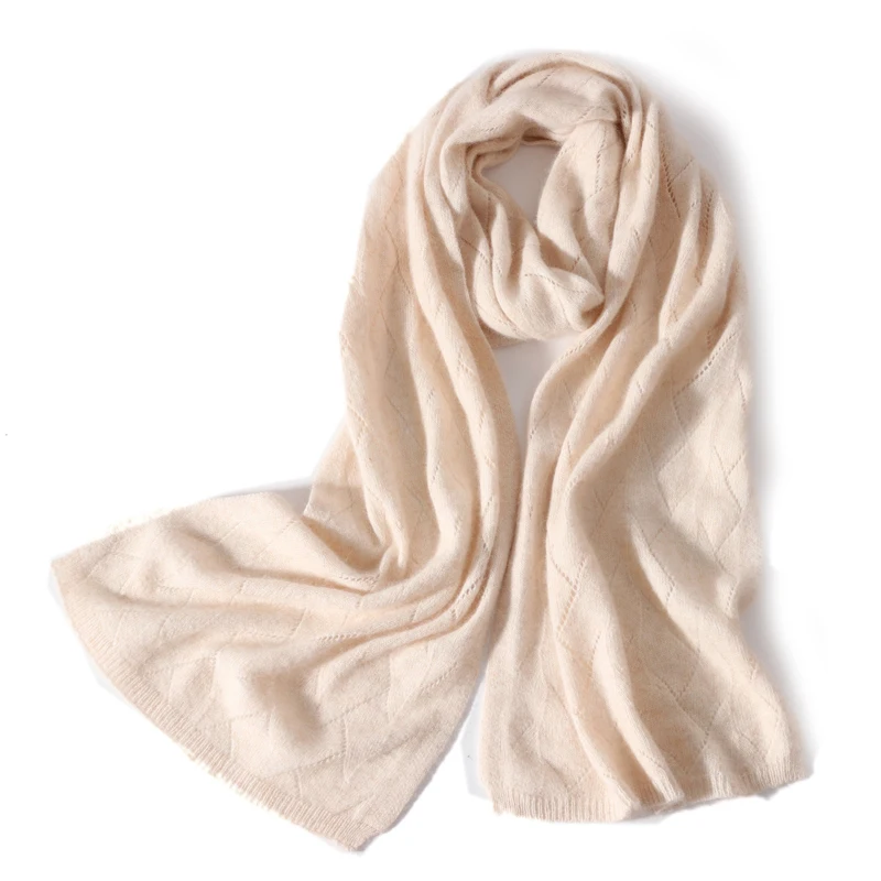 

Women 100%Wool Knitted Long Scarf Autumn Winter Solid Fashion Hollow Out Shawls Soft Warm Cashmere Elegant Neck Warmer Girl