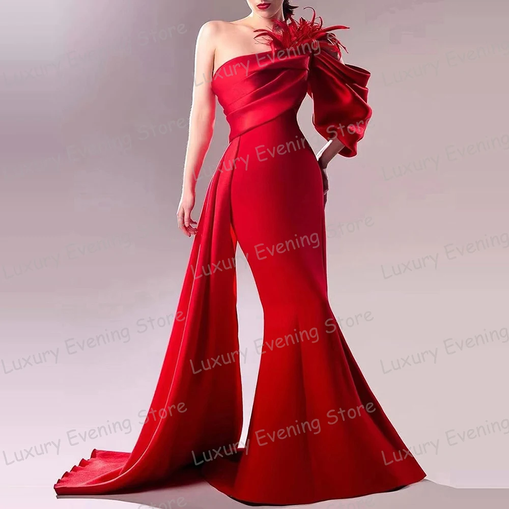 

Fashion Red 2024 Evening Dresses Mermaid Sexy Feathers One Shoulder Women's Prom Gowns Pleat Satin Party Celebrity Vestidos Gala