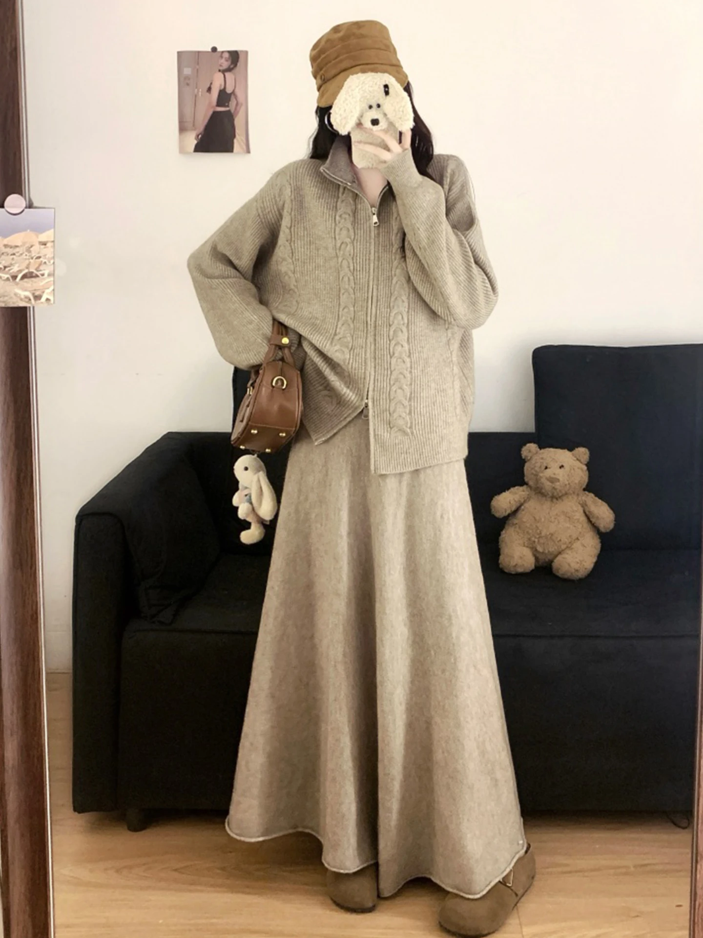 

plus Size Autumn Winter Knitted Cardigan Sweater And Skirt Two Piece Set High Waist Commute Style Thickened Long Sleeve