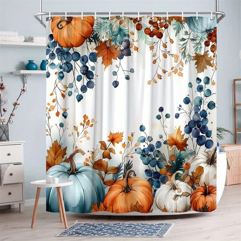 2D Flat, 1pc Extra-Large Shower Curtain - Watercolor Pumpkin And Autumn Leaf Berry Pattern, Blue-Orange-White Tones - Machine Washable Polyester Fabric, Includes 12 Hooks, Suitable for Autumn Bathroom Decor - Thanksgiving And Halloween Themed