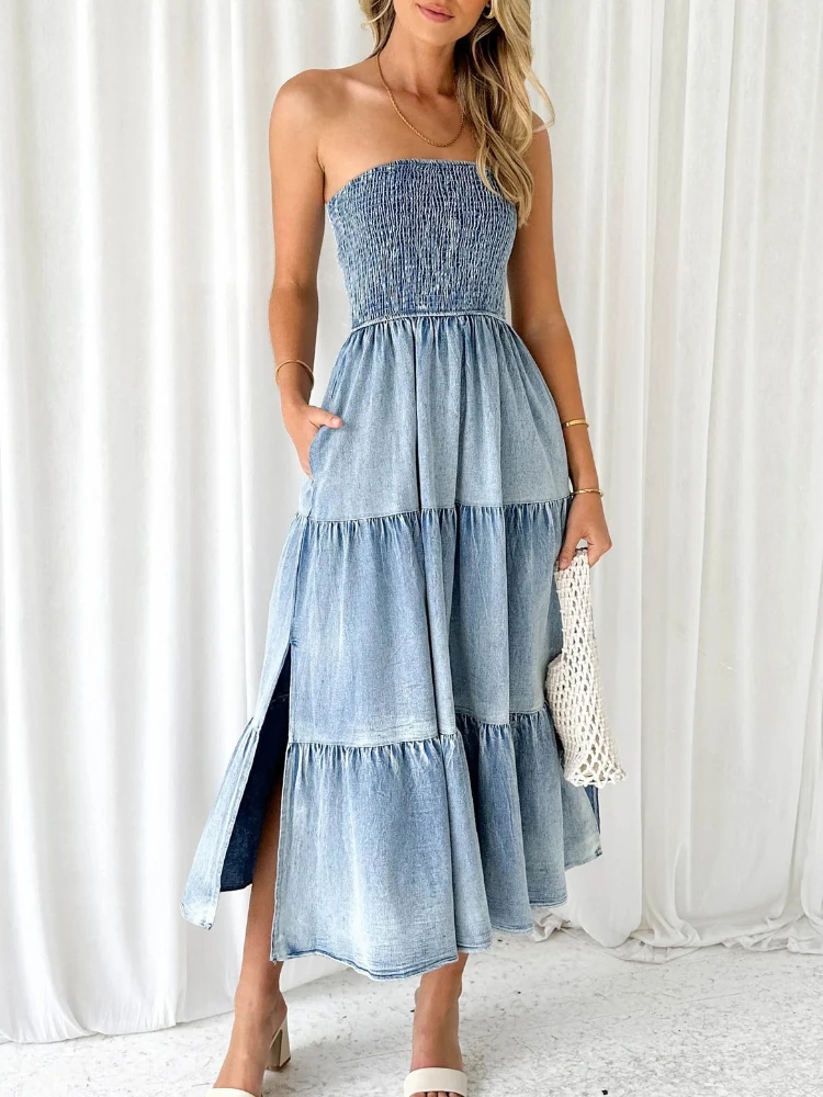 Holiday Strapless Long Dress for Summer Vestidos 2024 New Fashion Women Elegant Hem Stitching Side Split Denim Long Dress