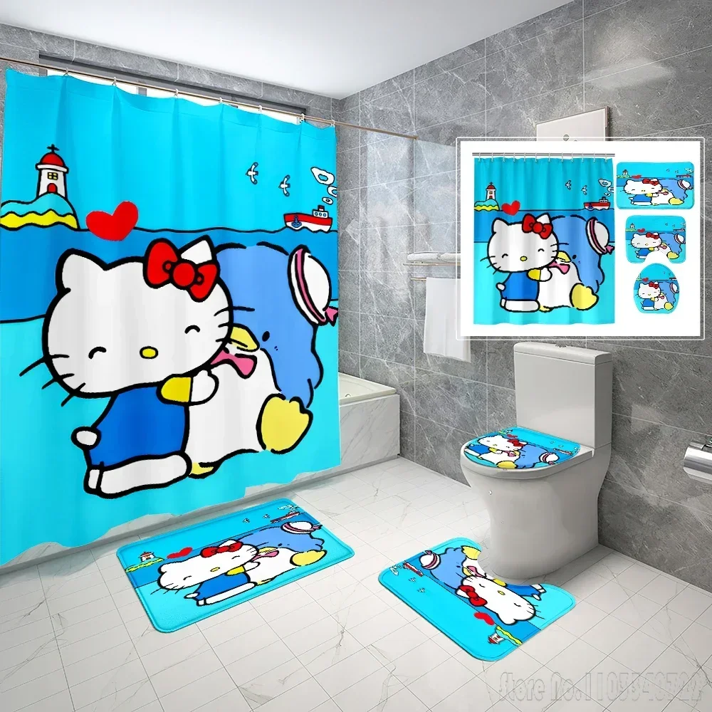 

Anime Sanrio Hello Kitty KT Bath Shower Curtain Set 4pcs with Hooks Cartoon Decor Bathroom Toilet Mat Lid