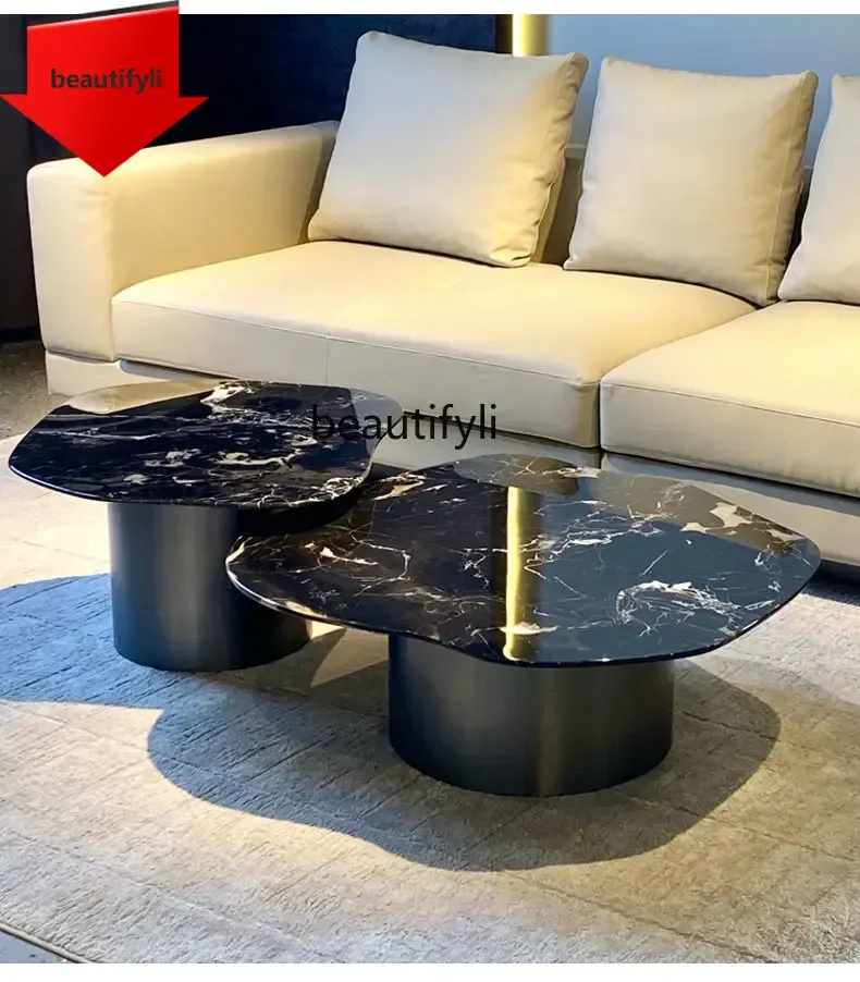 

K185 Light Luxury Natural Black Rose Marble Tea Table Shaped Minimalist Suspension Luxury Stone round Coffee Table