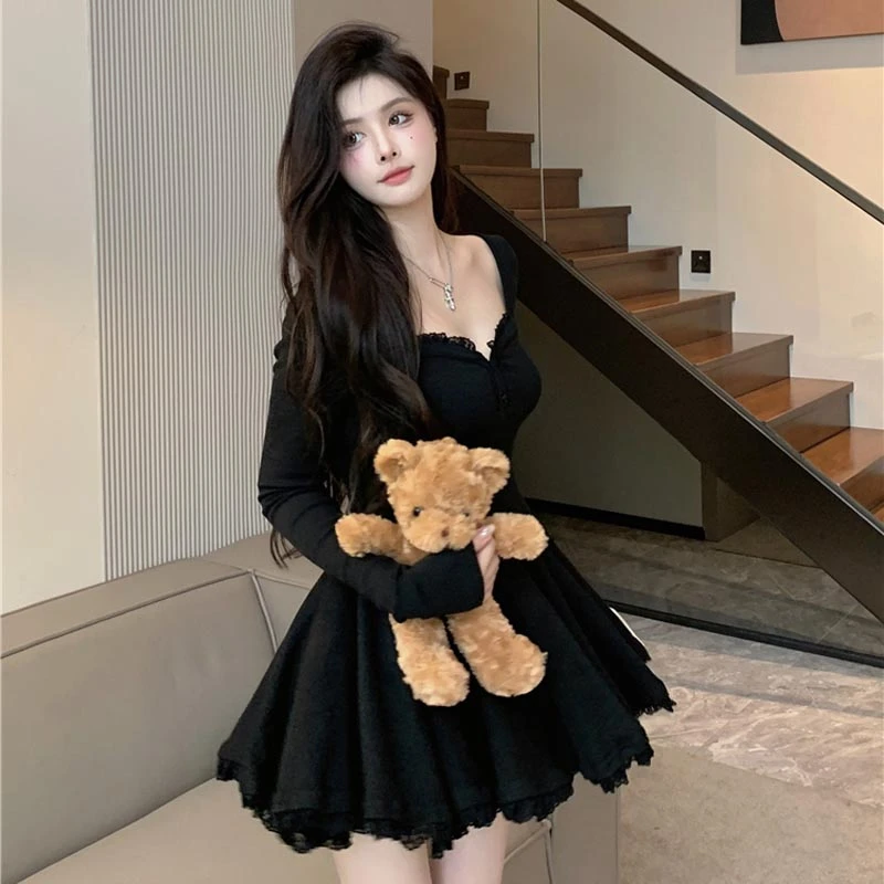 Cute Korean Girl In Dress Aesthetic Girls Dresses Black Korean Style Sexy  Mini Dress Y2k Women Elegant Party Dress Black Female Casual Long Sleeve  A-Line Lace Lolita Dresses Autumn AliExpress ...
