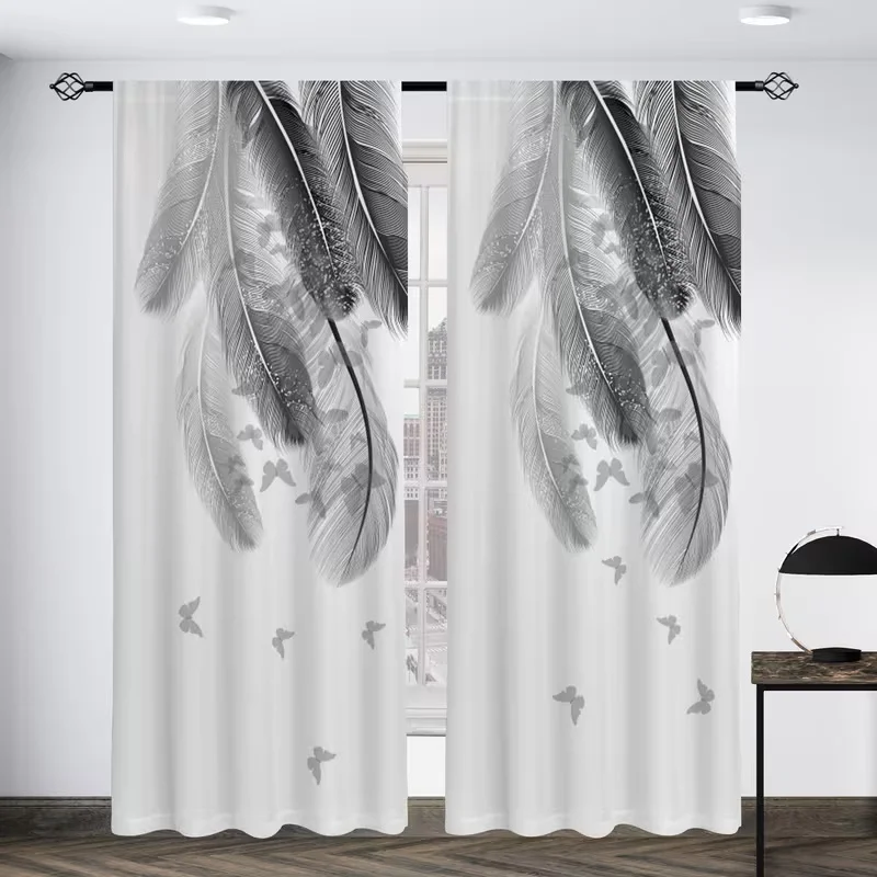 

Opening] Pack of 2, Gray Feather Printed Semi-Transparent Curtains, Suitable for Living Room, Game Room, And Bedroom, Made of Po