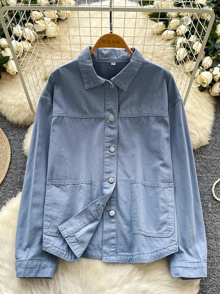 

Korean version solid color commuting style denim shirt women's retro long sleeved loose and versatile casual cardigan jacket