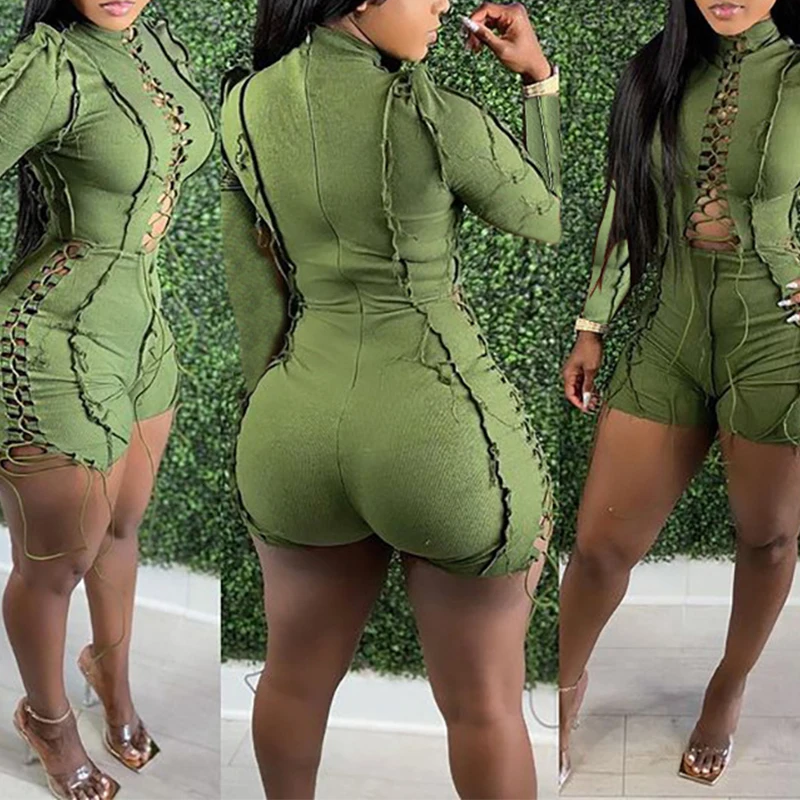 

OMSJ Hottie Irregular Drawstring Jumpsuit Shorts Long Sleeve Hollow Out Solid Color Sexy Stretchable Playsuit Club Active Outfit