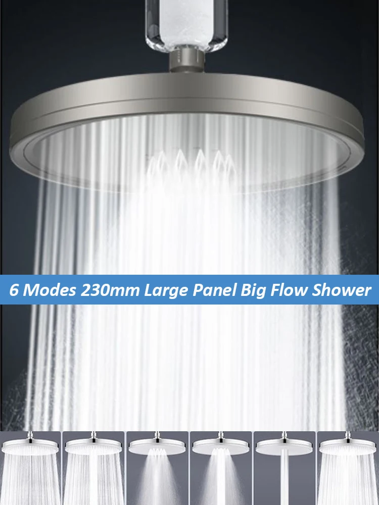

Новая 230 мм большая панель с большим потоком, набор насадок для душа на потолке, 6 режимов, насадка для душа высокого давления для ванной комнаты с фильтром