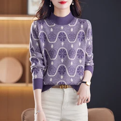 Women Half High Collar Chic Jacquard Knitted Jumpers Winter Fashion All-macth Loose Thci Woolen Sweater New Knitwear