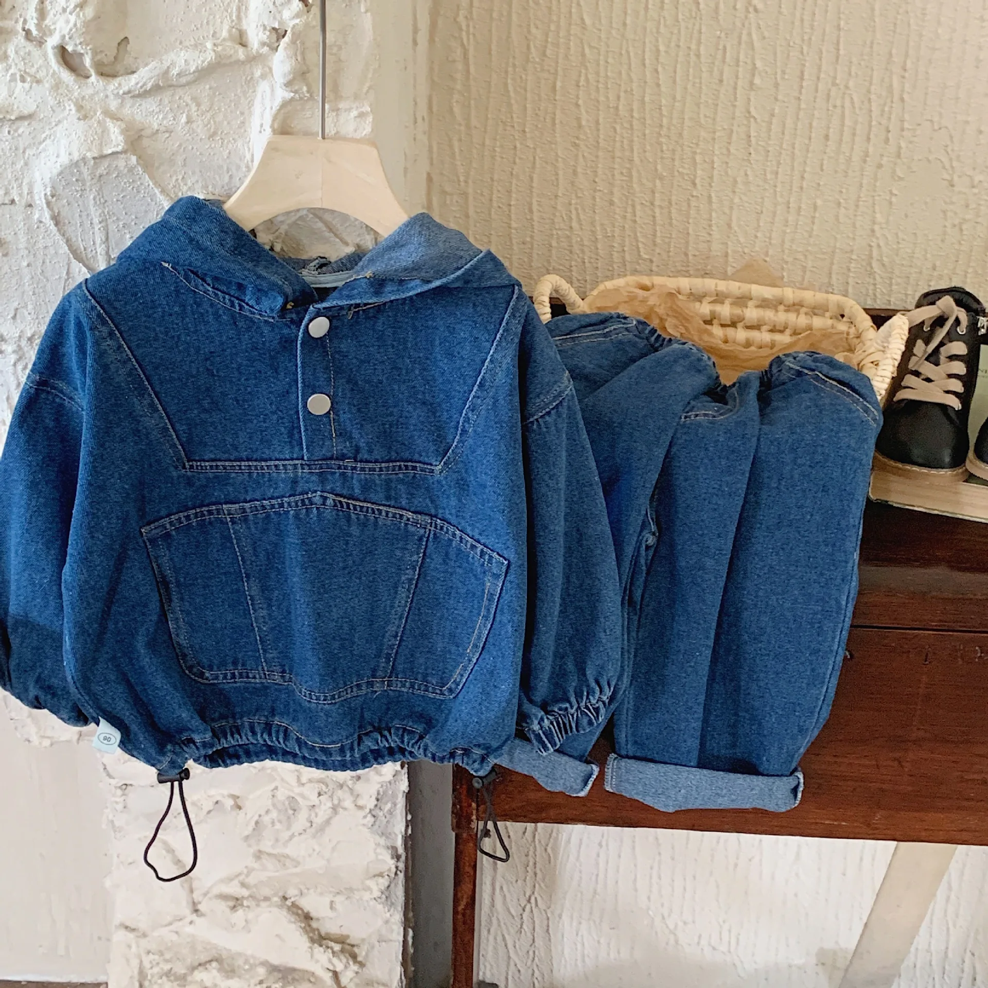 2024 Baby Spring Autumn Solid Denim suit Denim Long sleeved Boys Set Girls Fashionable Hoodie Long Pants Set 2-8 Year Old