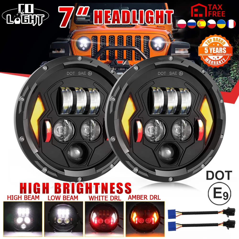 CO LIGHT New 7inch LED Headlight H4 Hi-Lo With Halo Angel Eye DOT E9 White Amber DRL For Lada 4x4 Urban Niva Uaz Car Accessories